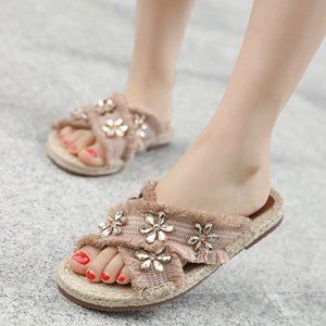 Mijili Embellished Fringe Cross Band Open Toe Slippers Sandals Size 38/7